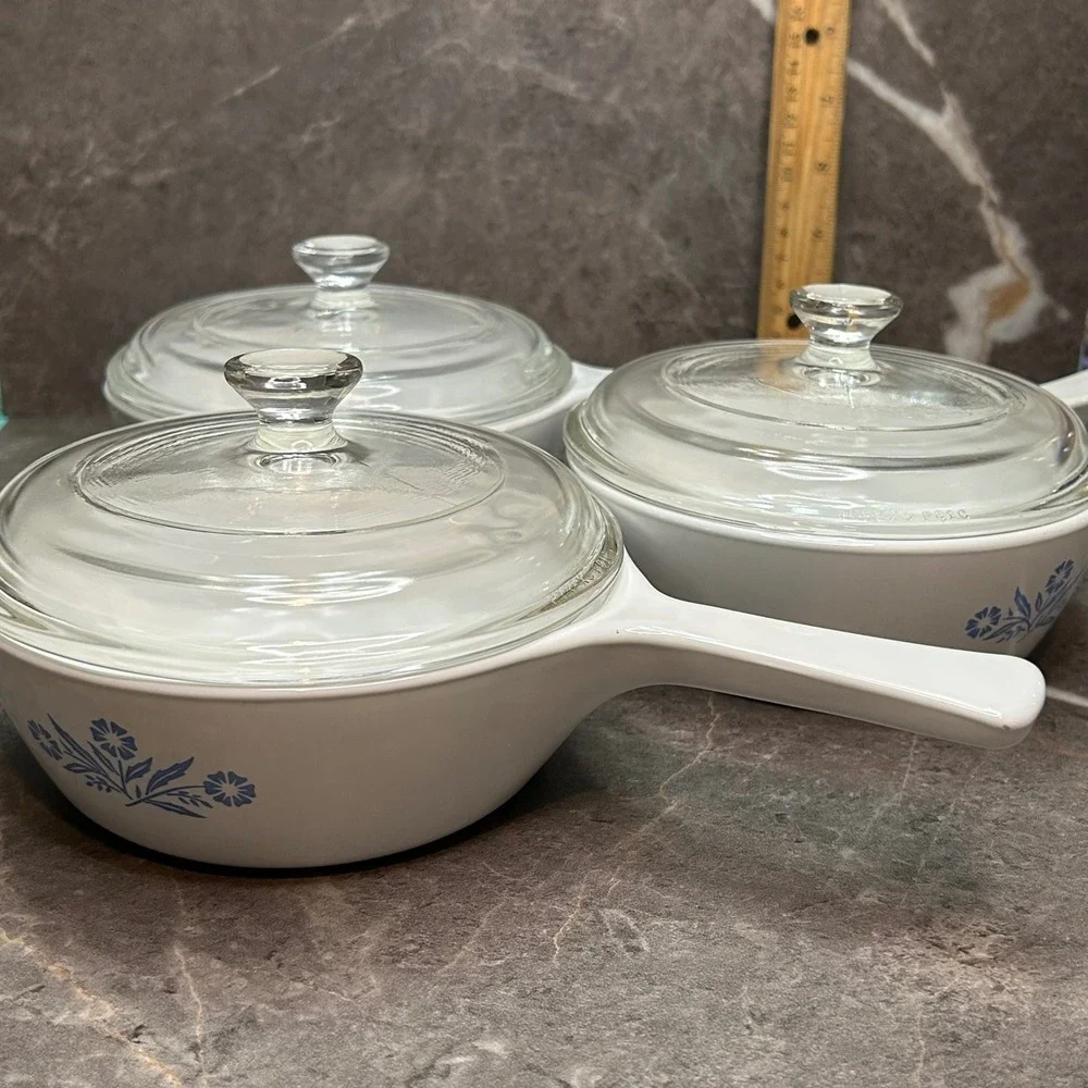 Corning Ware Blue Cornflower P-91-B 1 Pint Petite Pans Set of 3 Vintage White